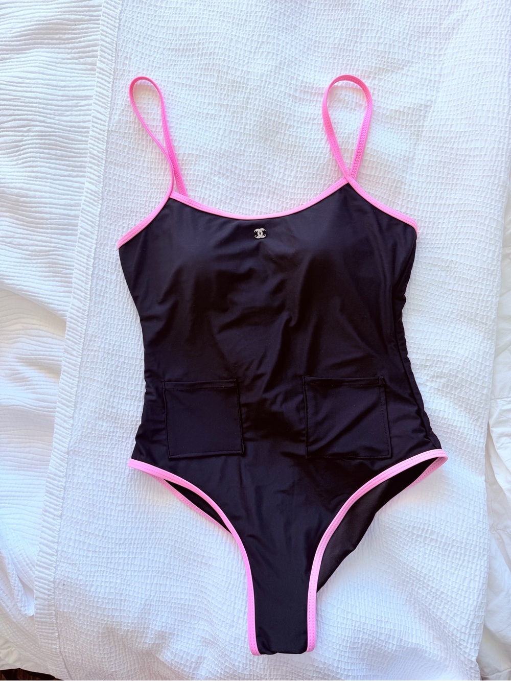 Chanel Black One-Piece Swimsuit with Pink Trim